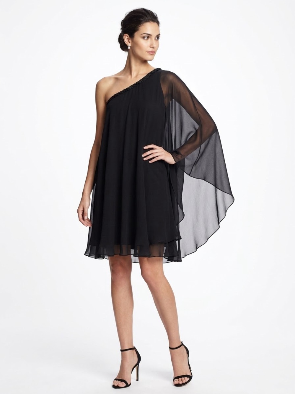 Marchesa Notte Silk One Shoulder Beaded Mini Dress Black 0 Cocktail Evening
